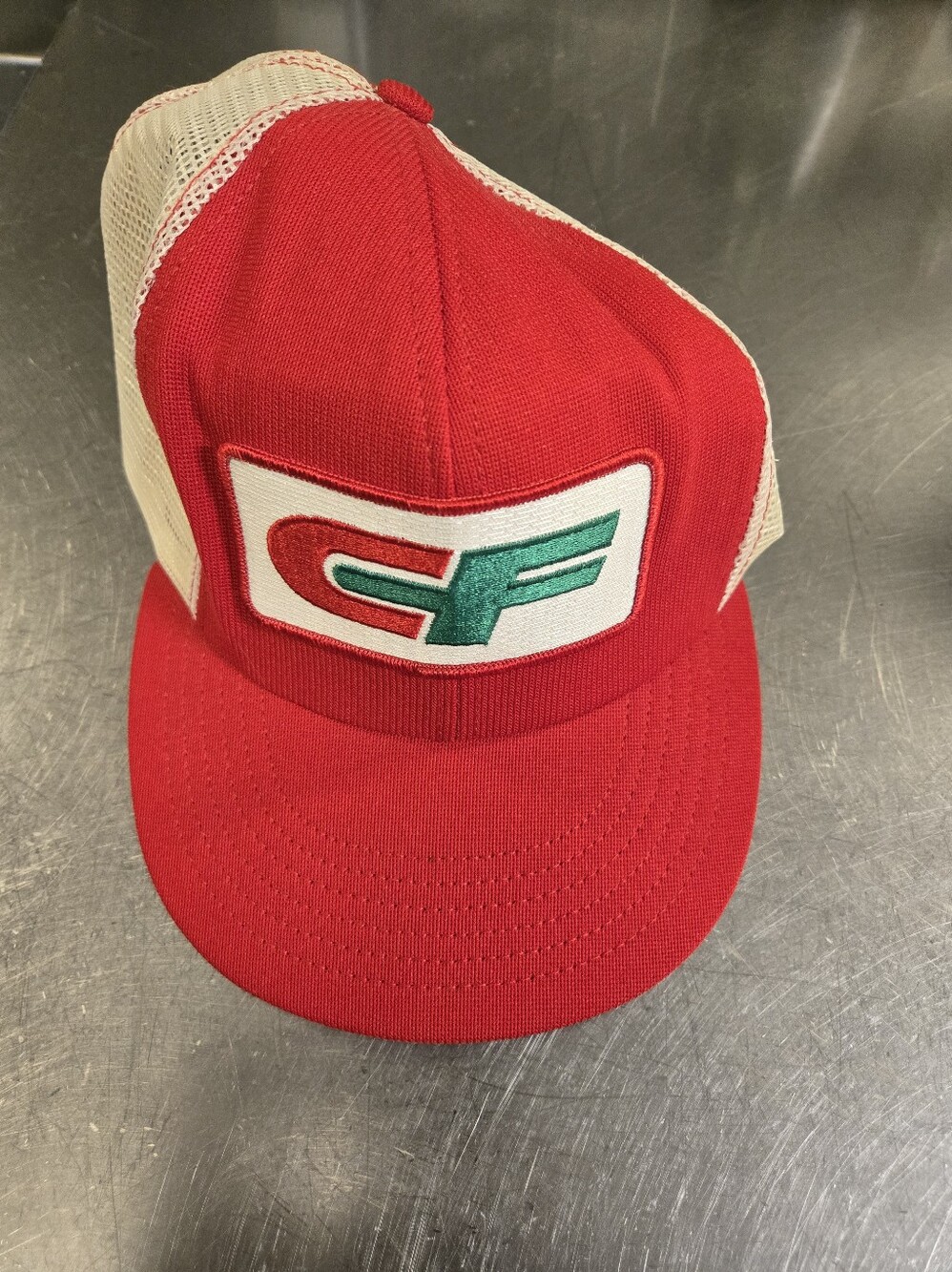 Red Mesh Trucker Hat with Green & White Patch Vintage CF Trucking